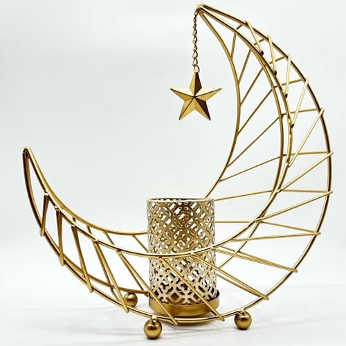 Orientalischer Kerzenhalter 30cm groß - Kerzenständer in edler Goldoptik - Ramadan Deko - Hochwertige orientalische Deko aus Eisen - Großer Mond Teelichthalter von Generic