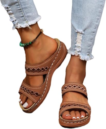 Orthopädische Damensandalen Mit Stickerei Vintage Keilabsatz Hausschuhe Mode Aushöhlen Hausschuhe Peeptoe Hausschuhe 2023 Sommer Plattform Slides Bohemia Strandschuhe, Brown, 3.5 UK von Generic