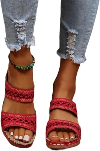 Orthopädische Damensandalen Mit Stickerei Vintage Keilabsatz Hausschuhe Mode Aushöhlen Hausschuhe Peeptoe Hausschuhe 2023 Sommer Plattform Slides Bohemia Strandschuhe, Red, 6.5 UK von Generic