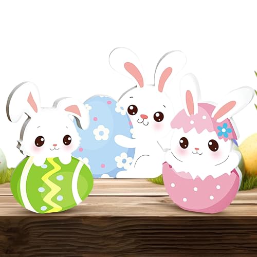 -Tablett-Dekoration mehrstufig, Holzschilder mit Osterhase | Ostertischschild aus Holz mit Hase - 3 aus Holz mit Osterhase von Generic