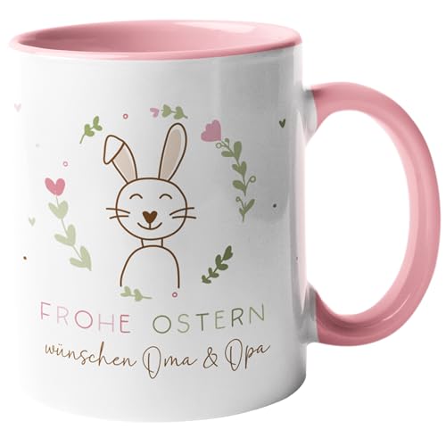 Oster Tasse personalisiert mit Namen und einem süßen Osterhasen, Frohe Ostern Wunschname, Ostergeschenk für Kinder Männer Frauen Geschenkidee zu Ostern (Tasse - Frohe Ostern mit Blumen - Rosa) von Generic