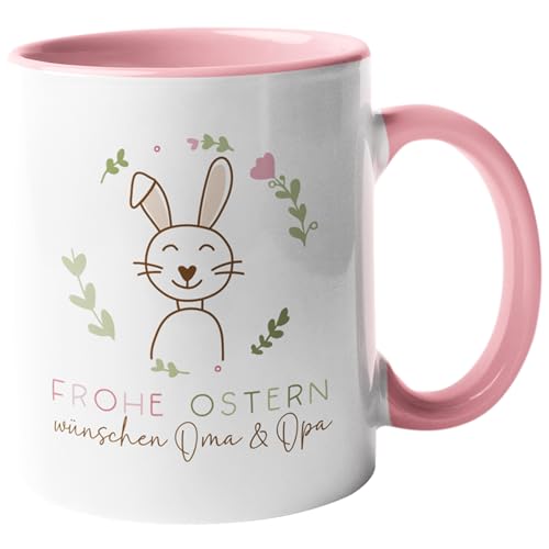 Oster Tasse personalisiert mit Namen und einem süßen Osterhasen, Frohe Ostern Wunschname, Ostergeschenk für Kinder Männer Frauen Geschenkidee zu Ostern (Tasse - Frohe Ostern ohne Blumen - Rosa) von Generic