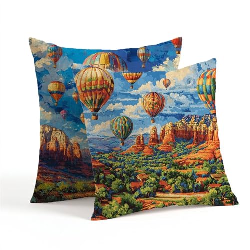 Outdoor Kissen Blau 70x70cm 2er Set Kissenbezug Heißluftballon Beidseitiger Druck kopfkissenbezug Wasserdicht Quadrat Samt Dekokissen mit Verstecktem Reißverschluss für Herbst Deko Schlafzimmer 1Z-767 von Generic