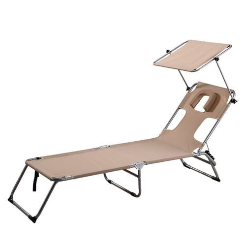 Outdoor Liegestuhl Mit Sonnenschutz Sonnenliege Mit Gesichtsöffnung Und 3-Fach Verstellbarer Rückenlehne Bis 160 Kg Belastbar, Für Garten Strand Pool(Khaki) von Generic