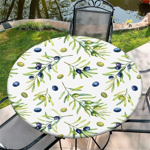 Outdoor Runde Tischdecke mit Gummizug Ø 36"(90cm) - Elastisch Garten tischdecke mit Olive Muster Passend für 75-85cm breite Tische von Generic