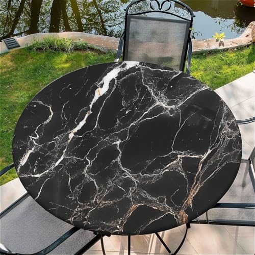 Outdoor Runde Tischdecke mit Gummizug Ø 36"(90cm) - Elastisch Garten tischdecke mit Schwarzer Marmor Muster Passend für 75-85cm breite Tische von Generic