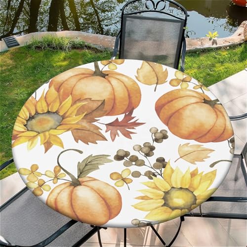 Outdoor Runde Tischdecke mit Gummizug Ø 36in(90cm) - Elastisch Garten tischdecke mit Kürbis-Sonnenblume Muster von Generic