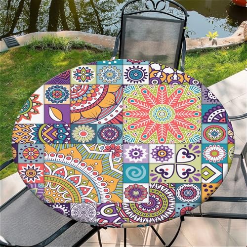 Outdoor Runde Tischdecke mit Gummizug Ø 52"(130cm) - Elastisch Garten tischdecke mit Vintage-Design Muster Passend für 115-125cm breite Tische von Generic