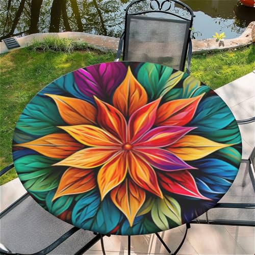 Outdoor Runde Tischdecke mit Gummizug Ø 60"(150cm) - Elastisch Garten tischdecke mit Bunte Blumen Muster von Generic