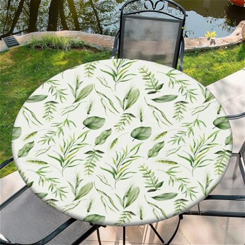 Outdoor Runde Tischdecke mit Gummizug Ø 60"(150cm) - Elastisch Garten tischdecke mit Grüne Blätter Muster Passend für 135-145cm breite Tische von Generic