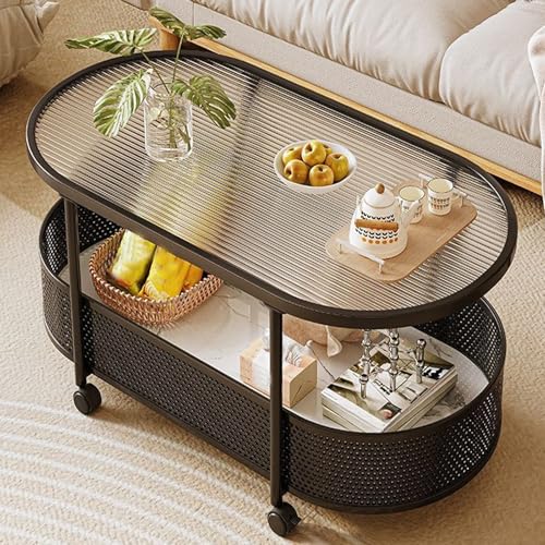 Ovaler 2-stufiger Wohnzimmertisch Mit 4 Mm Gehärtetem Glas Beistelltisch Mit 360° Rädern, Couchtisch Modern 3 Größen Und 4 Farben Verfügbar(Black,60 * 40 * 50cm) von Generic