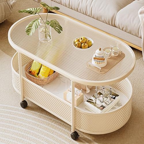 Ovaler 2-stufiger Wohnzimmertisch Mit 4 Mm Gehärtetem Glas Beistelltisch Mit 360° Rädern, Couchtisch Modern 3 Größen Und 4 Farben Verfügbar(White,60 * 40 * 50cm) von Generic