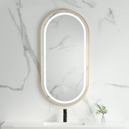 Ovaler Led-badezimmerspiegel Mit Licht, Wandspiegel, Beleuchteter Badezimmer-kosmetikspiegel Mit Metallrahmen, 3 Farben Dimmbares Lichtmemory Fution, Ip44, Gold, 40cm*80cm Ovaler Led-badezimmerspiegel Mit Licht, Wandspiegel, Beleuchteter Badezimmer-kosmetikspiegel Mit Metallrahmen, 3 Farben Dimmbares Lichtmemory Fution, Ip44, Gold, 40cm*80cm von Generic