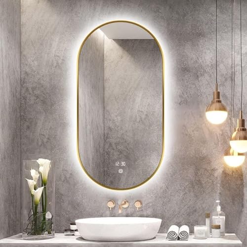 Ovaler Led-hinterleuchteter Badezimmerspiegel Goldener Aluminiumlegierungsrahmen Dimmbarer 3-Farben-Spiegel Led-licht Anti-beschlag-schminkspiegel Temperatur Smart, 400mmx600mm von Generic