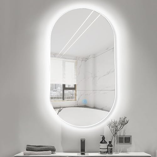 Ovales Badezimmer Led Beleuchtete Wand Mit Metallrahmen Waschtisch Mit Lichtern 3 Farben Licht Dimmbarer Touch-Schalter, White, 40x60cm von Generic