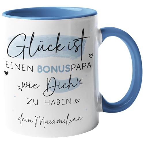 Personalisierte Tasse mit Wunschnamen "Glück ist" Geschenk zum Muttertag, Geburstag, Ostern, Vatertag, Weihnachten. Mama, Oma, Papa, Opa, Freundin - 330ml (Bonus Papa, Tasse - Innen & Henkel Blau) von Generic