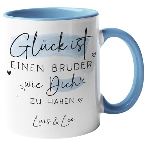 Personalisierte Tasse mit Wunschnamen "Glück ist" Geschenk zum Muttertag, Geburstag, Ostern, Vatertag, Weihnachten. Mama, Oma, Papa, Opa, Freundin - 330ml (Bruder, Tasse - Innen & Henkel Blau) von Generic