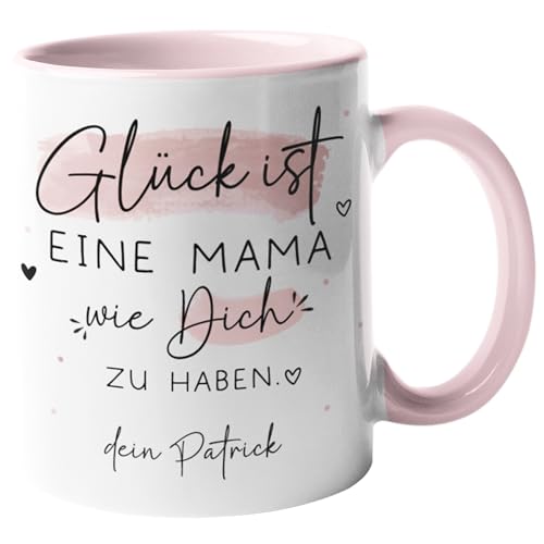 Personalisierte Tasse mit Wunschnamen "Glück ist" Geschenk zum Muttertag, Geburstag, Ostern, Vatertag, Weihnachten. Mama, Oma, Papa, Opa, Freundin - 330ml (Mama, Tasse - Innen & Henkel Rosa) von Generic