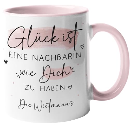 Personalisierte Tasse mit Wunschnamen "Glück ist" Geschenk zum Muttertag, Geburstag, Ostern, Vatertag, Weihnachten. Mama, Oma, Papa, Opa, Freundin - 330ml (Nachbarin, Tasse - Innen & Henkel Rosa) von Generic