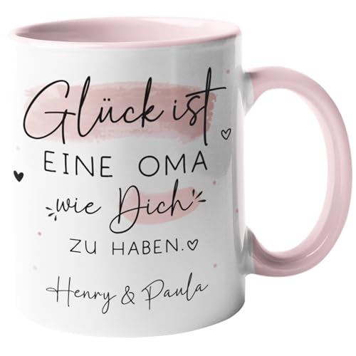 Personalisierte Tasse mit Wunschnamen "Glück ist" Geschenk zum Muttertag, Geburstag, Ostern, Vatertag, Weihnachten. Mama, Oma, Papa, Opa, Freundin - 330ml (Oma, Tasse - Innen & Henkel Rosa) von Generic