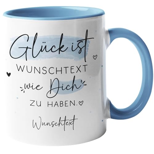 Personalisierte Tasse mit Wunschnamen "Glück ist" Geschenk zum Muttertag, Geburstag, Ostern, Vatertag, Weihnachten. Mama, Oma, Papa, Opa, Freundin - 330ml (Wunschtext, Tasse - Innen & Henkel Blau) von Generic