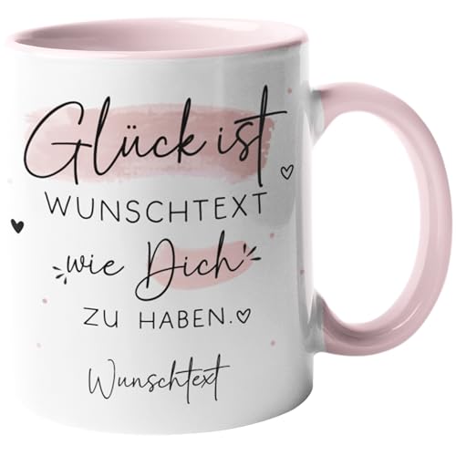 Personalisierte Tasse mit Wunschnamen "Glück ist" Geschenk zum Muttertag, Geburstag, Ostern, Vatertag, Weihnachten. Mama, Oma, Papa, Opa, Freundin - 330ml (Wunschtext, Tasse - Innen & Henkel Rosa) von Generic