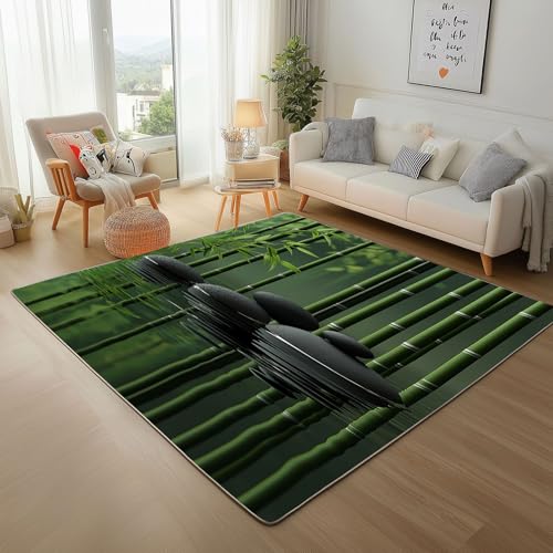 Pflanze Bambus Grün Waschbare Teppiche Gegend 80x150cm Teppich Flauschig Natur Bambus Wald Stein Wohnzimmer Schlafzimmer Teppisch rutschfest Kurzflor Weich Rugs for Living Room Carpet von Generic