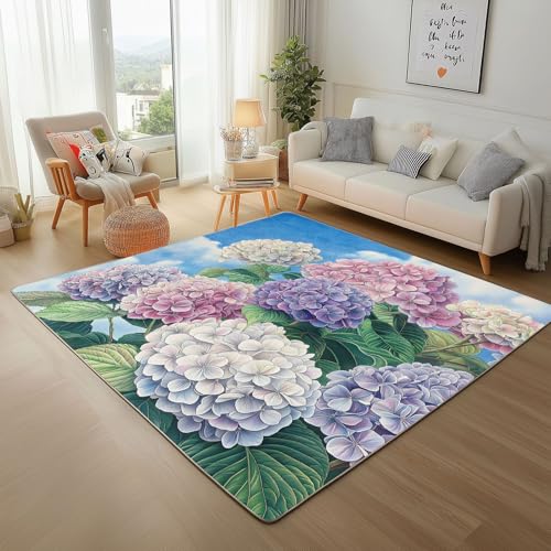 Pflanze Hortensie Bunt Teppich Läufer 150x210cm – Natur Blumen Und Wolken Kurzflor Waschbar Teppich, Pflegeleicht, Extra Weich – Für Flur, Küche, Schlafzimmer Teppiche von Generic