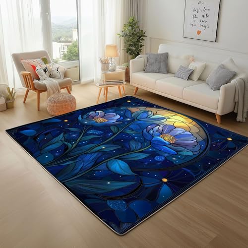 Pflanzen Hibiskus Mond Teppich Läufer 120x170cm – Abstrakt Geometrie Textur Kurzflor Waschbar Teppich, Pflegeleicht, Extra Weich – Für Flur, Küche, Schlafzimmer Teppiche von Generic