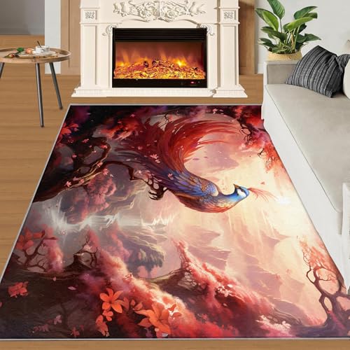 Phoenix Teppich Wunderschöne Rote Blumen Kinderteppiche Naturlandschaft Mit Bergen Und Flüssen 70x120 Rug Phoenix Vorleger Rutschfester Teppich Für Stark Frequentierte Bereiche von BEQUTIY