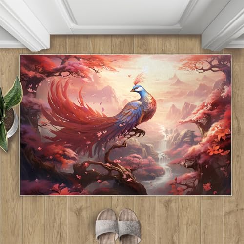 Phoenix Teppich Wunderschöne Rote Blumen Kleine Teppiche Naturlandschaft Mit Bergen Und Flüssen 50x80 Rug Phoenix Vorleger Rutschfester Teppich Für Stark Frequentierte Bereiche von BEQUTIY