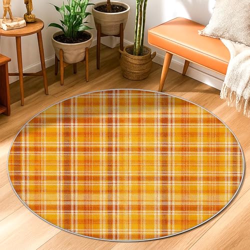 Plaid Area Rug Autumn Casual Check Lines Fall Yellow Low Pile Edge Binding Doormat Throw Rug Circle Laundry Room Bathroom Doorway Entryway Decor 3' X 3' von Generic