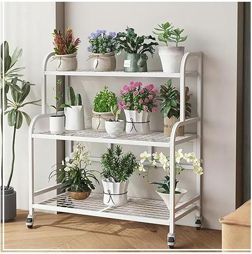 Plant Stand Plant Regal Metall Flower Cart, Heavy Duty Metall Outdoor Plant Stand Halter Rack Plant Stand Tisch Mit Rädern für Wohnzimmer Balkon Und Garten+(Size:3-layer-83 * 36 * 90CM,Color:Weiß) von Generic