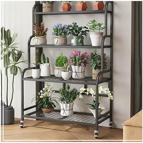 Plant Stand Plant Regal Metall Flower Cart, Heavy Duty Metall Outdoor Plant Stand Halter Rack Plant Stand Tisch Mit Rädern für Wohnzimmer Balkon Und Garten+(Size:4-layer-52*36*125CM,Color:Schwarz) von Generic