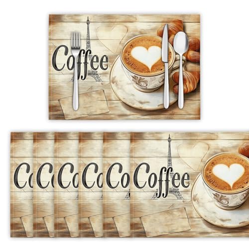 Platzset Turm Kaffee Herz,Tischsets Abwaschbar 6 er Set,Platzdeckchen PVC rutschfest Hitzebeständig,Tisch-Matten für Esstisch Antifouling und Leicht zu Reinigen von Generic