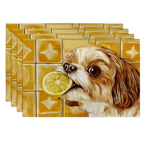 Platzsets mit süßem Hund mit Zitrone, Gelb Tiermotiven für Esstisch, rutschfest, waschbar, für drinnen und draußen, Sommer, dekoratives Platzset, 4 Stück Platzsets mit süßem Hund mit Zitrone, Gelb Tiermotiven für Esstisch, rutschfest, waschbar, für drinnen und draußen, Sommer, dekoratives Platzset, 4 Stück von Generic
