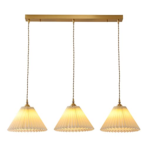 Plissierte beige Stoffabdeckung Pendelleuchte Anti-Rost Golden Messing Lampenkörper Hängelampe E27 Kreative ModelliBIROYng Persönlichkeit Kronleuchter Bar Restaurant Bar Beleuchtung von Generic
