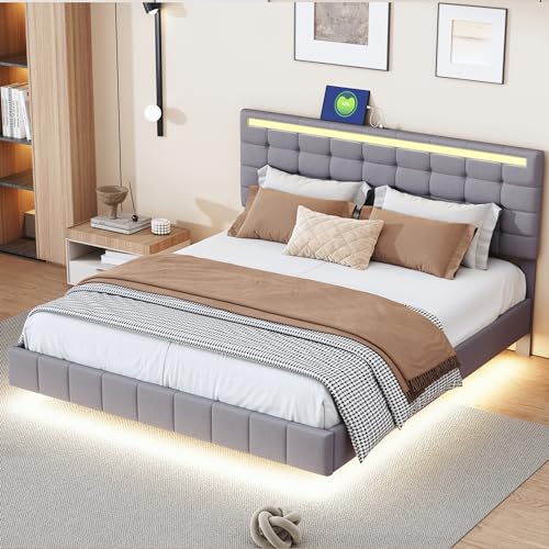 Polsterbett 160 x 200 cm, gepolsterter Schwebebettrahmen mit LED-Leuchten und Kopfteildesign, flächiges Doppelbett-Gästebett in hautfreundlichem Leinen Grau von Generic