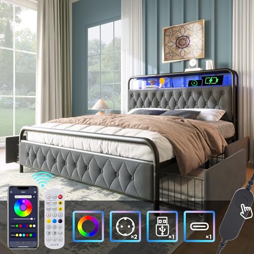 Polsterbett Doppelbett mit Aufladen USB Type C Ladefunktion APP-Control LED Bettgestell Metallbett 180×200 Bettrahmen und 4 Schubladen, Samt (Ohne Matratze) von Generic
