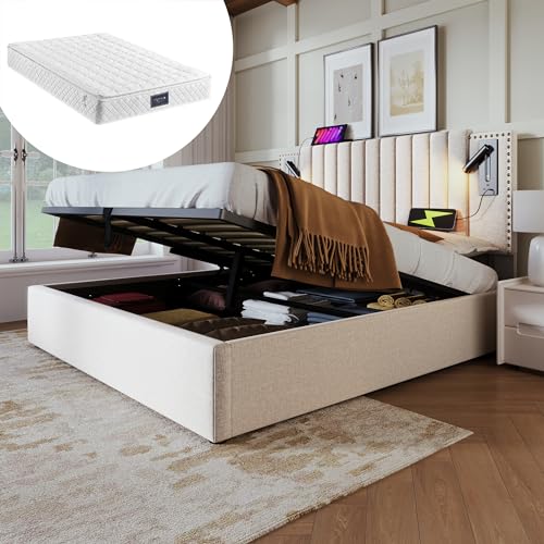 Polsterbett Doppelbett mit Bettkasten USB Ladefunktion Leselicht höhenverstellbarem Kopfteil und Lattenrost Stauraum Rückenlehne im Nietenstil mit Matratze Polsterbett Doppelbett mit Bettkasten USB Ladefunktion Leselicht höhenverstellbarem Kopfteil und Lattenrost Stauraum Rückenlehne im Nietenstil mit Matratze von Generic