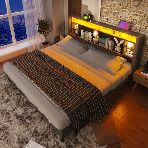 Polsterbett Doppelbett mit gepolstertem Kopfteil Stauraum USB Ladefunktion Steckdosen LED-Beleuchtung Lattenrost aus Massivholz integrierte Fächer langlebiges stabiles Bettgestell mit Matratze von Generic