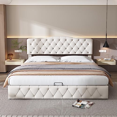 Polsterbett Doppelbett mit höhenverstellbarem Kopfteil und hydraulischem Stauraum, modernes Funktionsbett mit Lychee-Struktur, Elegantes Design für Schlafzimmer oder Gästezimmer von Generic