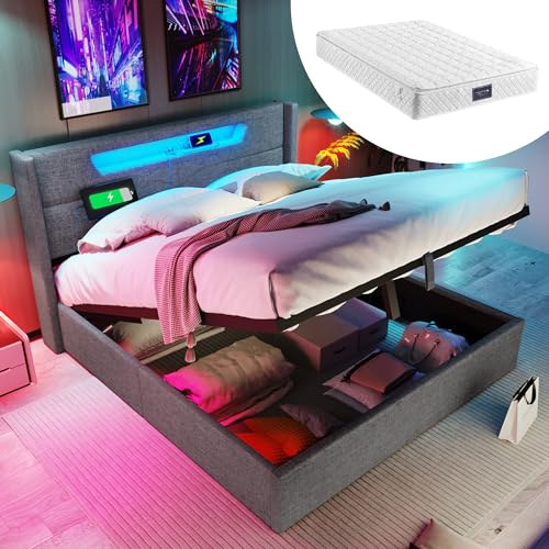 Polsterbett LED Doppelbett mit USB Typ C Ladefunktion und LED-Beleuchtung,Stauraumbetten Bettgestell aus Leinenmaterial Jugendbett 140x200 mit lattenrost(Mit Matratze) von Generic