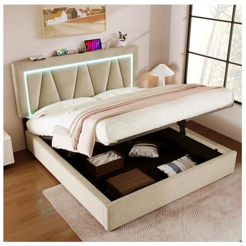 Polsterbett LED Doppelbett mit USB Typ C Ladefunktion und LED-Beleuchtung,Stauraumbetten Bettgestell aus Leinenmaterial Jugendbett 140x200 mit lattenrost,ohne Matratze von Generic