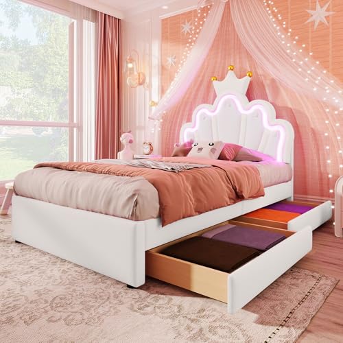 Polsterbett mit 2 Schubladen Stauraum Prinzessinnenbett in Kronenform Ferngesteuertes Ambientelicht Einzelbett Verstellbares Kopfteil PU Gästebett Ohne Matratze Weiß 90x200 cm Polsterbett mit 2 Schubladen Stauraum Prinzessinnenbett in Kronenform Ferngesteuertes Ambientelicht Einzelbett Verstellbares Kopfteil PU Gästebett Ohne Matratze Weiß 90x200 cm von Generic