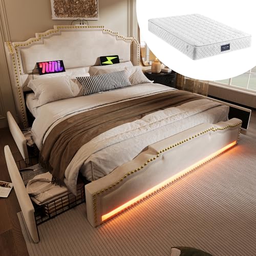 Polsterbett mit 4 Schubladen LED-Beleuchtung und USB-C-Ladeanschluss Doppelbett für Erwachsene Jugendliche Stauraumbetten Samt mit Lattenrost Gästebett Beige mit Matratze 140x200 cm Polsterbett mit 4 Schubladen LED-Beleuchtung und USB-C-Ladeanschluss Doppelbett für Erwachsene Jugendliche Stauraumbetten Samt mit Lattenrost Gästebett Beige mit Matratze 140x200 cm von Generic