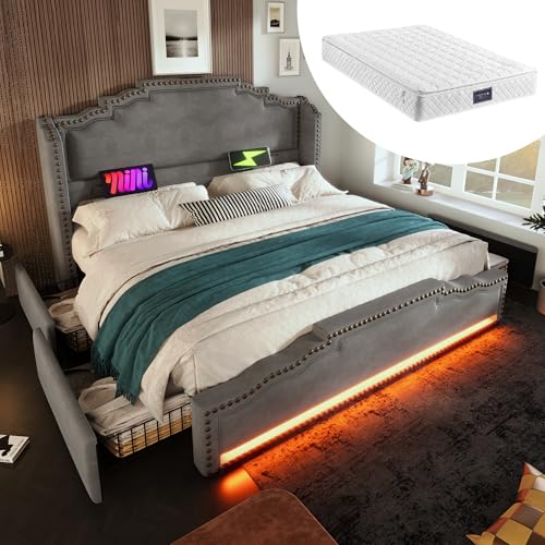 Polsterbett mit 4 Schubladen LED-Beleuchtung und USB-C-Ladeanschluss Doppelbett für Erwachsene Jugendliche Stauraumbetten Samt mit Lattenrost Gästebett Grau mit Matratze 160x200 cm Polsterbett mit 4 Schubladen LED-Beleuchtung und USB-C-Ladeanschluss Doppelbett für Erwachsene Jugendliche Stauraumbetten Samt mit Lattenrost Gästebett Grau mit Matratze 160x200 cm von Generic