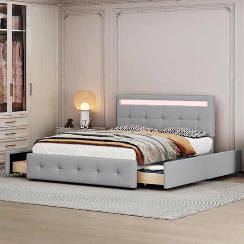 Polsterbett mit LED Beleuchtung Lattenrost und Bettkasten auf Rollen Doppelbett mit Kopfteil und 4 Schubladen Leinenstoff stabil platzsparend Kinderbett Jugendbett Polsterbett mit LED Beleuchtung Lattenrost und Bettkasten auf Rollen Doppelbett mit Kopfteil und 4 Schubladen Leinenstoff stabil platzsparend Kinderbett Jugendbett von Generic