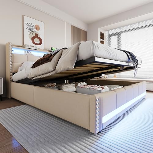Polsterbett mit LED-Beleuchtung und USB-Steckdose Doppelbett Kopfteil mit Einlegeböden Hydraulisches Stauraumbetten Bettkasten Leinenstoff Gästebett Ohne Matratze Beige 180x200 cm von Generic