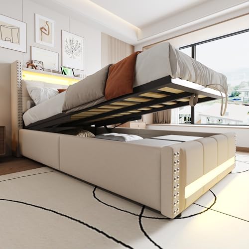 Polsterbett mit LED-Beleuchtung und USB-Steckdose Einzelbett Kopfteil mit Einlegeböden Hydraulisches Stauraumbetten Bettkasten Leinenstoff Gästebett Ohne Matratze Beige 90x200 cm von Generic